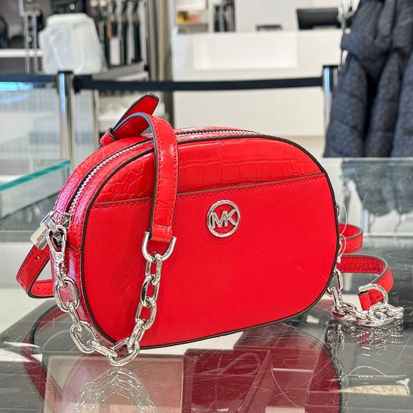 Michael Kors Jet Set Glam Small Front Pocket Oval Shoulder Crossbody Bag Red - Picture 1 of 12